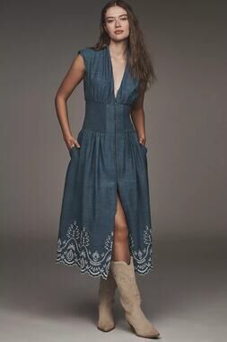 New Anthropologie The Tommie Denim Eyelet Trim Midi Dress $228 SMALL BLUE